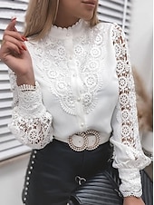 baratos Tops elegantes-Mulheres Camisa Social Blusa Topo de ilhó Tops de ilhas brancas Cor da imagem 1 Cor da imagem 2 Cor da imagem 3 Tecido Renda Com Corte Manga Longa Casual Diário Elegante Decote Redondo Padrão S