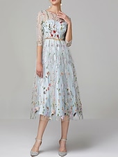 cheap Prom Dresses-Beach Wedding A-Line Prom Dresses Floral Dress Valentine&#039;s Day Wedding Guest Tea Length Half Sleeve Jewel Neck Lace with Embroidery Appliques 2025