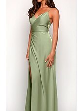 cheap Bridesmaid Dresses-A-Line Bridesmaid Dress Spaghetti Strap Sleeveless Elegant Floor Length Charmeuse with Split Front / Ruching 2022