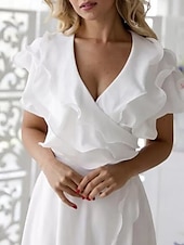 cheap Little White Dresses-Beach Wedding A-Line Mother of the Bride Dress Wedding Guest Elegant High Low V Neck Asymmetrical Chiffon Short Sleeve with Ruffles Split Front