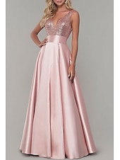 cheap Prom Dresses-A-Line Prom Dresses Sparkle Dress Prom Formal Evening Floor Length Sleeveless V Neck Bridesmaid Dress Satin with Pleats Sequin dress to impress