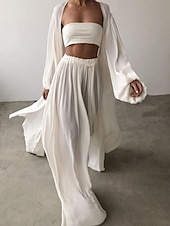 preiswerte Sets-Damen Sexy Boho Hemd Baumwoll-Leinen-Sets Zweiteilige Sets Langarm Puffärmel Einfach Ausgehen Strand Schwarz Weiß Kamel Herbst Winter Lässiger Schnitt