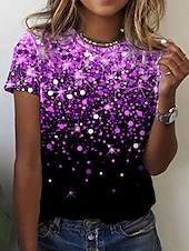 preiswerte Kunst &amp; Design T-Shirt-Damen T Shirt Gelb Blau Purpur Graphic Galaxis Bedruckt Kurzarm Täglich Wochenende Basic Rundhalsausschnitt Standard Abstrakt Farbe S