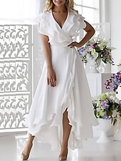 cheap Little White Dresses-Beach Wedding A-Line Mother of the Bride Dress Wedding Guest Elegant High Low V Neck Asymmetrical Chiffon Short Sleeve with Ruffles Split Front