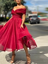 baratos Vestidos de Cocktail-Casamento na Praia Vestidos de Coquetel em A Linha Vestido Vintage Convidada de Casamento Comprimento Chá Sem Mangas Ombro à Mostra Tule com Pregas Vestidos Derby 2025