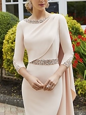abordables Longueur du thé-Robe de la mère de la mariée Fusée Invitée de mariage Élégante Col bijou Longueur genoux Tissu extensible à manches 3/4 avec ceinture  ruban Sequins 2025 taille personnalisée gratuite