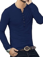 preiswerte Lässiges Henley-T-Shirt-Herren T-Shirt mit Knöpfen T Shirt Langarmshirt Langarm Stehkragen Frühling &amp; Herbst Einfach Leicht Klassisch Lässig Button-Down Urlaub Lässig Ferien Wein Schwarz Weiß Top T-Shirt für Herren
