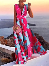 abordables Robes de vacances-robe décontractée pour femme robe balançoire robe florale robe longue robe maxi vert bleu rose sans manches imprimé fleuri printemps été profond v chaud quotidien 2023 s m l xl xxl