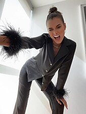 cheap Women&#039;s Loungewear-Women&#039;s Gift Loungewear Pajamas Sets Home Party Valentine&#039;s Day Feather Pure Color Silk Simple Soft Shirt Pant Fall Spring Summer Lapel Long Sleeve Long Pant Buckle Pocket Home Outfits