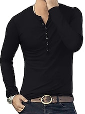 preiswerte Lässiges Henley-T-Shirt-Herren T-Shirt mit Knöpfen T Shirt Langarmshirt Langarm Stehkragen Frühling &amp; Herbst Einfach Leicht Klassisch Lässig Button-Down Urlaub Lässig Ferien Wein Schwarz Weiß Top T-Shirt für Herren