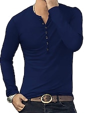 preiswerte Lässiges Henley-T-Shirt-Herren T-Shirt mit Knöpfen T Shirt Langarmshirt Langarm Stehkragen Frühling &amp; Herbst Einfach Leicht Klassisch Lässig Button-Down Urlaub Lässig Ferien Wein Schwarz Weiß Top T-Shirt für Herren