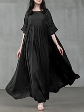 cheap Design Cotton &amp; Linen Dresses-Women&#039;s Long Dress Maxi Dress Linen-Inspired Dresses Casual Dress Cotton Linen Dress Swing Dress Elegant Casual Vacation Holiday Date Loose Fit Pure Color Short Sleeve Crew Neck Black Pink Green Dark