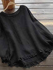 お買い得  シャツ-女性用 プラスサイズ リネン風シャツ ブラウス 平織り ベーシック カジュアル 快適 長袖 クルーネック ロングトップス 日常 週末 ラッフル レタストリム ブラック ホワイト イエロー ピンク アーミーグリーン 春 秋 冬