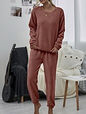 cheap Women&#039;s Sleepwear-Women&#039;s Pink Fleece Pajamas Nighty Pjs Sets 2 Pieces Pure Color Sport Simple Comfort Party Home Street Warm Gift Long Sleeve Hoodie Pant Elastic Waistband Winter Fall Home Outfits