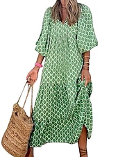 levne Dovolená šaty-dámské dlouhé šaty maxi šaty zelené 3/4 rukáv geometrický patchwork podzim podzim v výstřih volný střih 2023 s m l xl