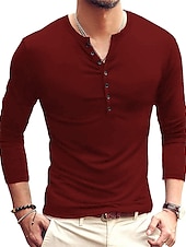 preiswerte Lässiges Henley-T-Shirt-Herren T-Shirt mit Knöpfen T Shirt Langarmshirt Langarm Stehkragen Frühling &amp; Herbst Einfach Leicht Klassisch Lässig Button-Down Urlaub Lässig Ferien Wein Schwarz Weiß Top T-Shirt für Herren