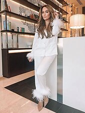cheap Women&#039;s Loungewear-Women&#039;s Gift Loungewear Pajamas Sets Home Party Valentine&#039;s Day Feather Pure Color Silk Simple Soft Shirt Pant Fall Spring Summer Lapel Long Sleeve Long Pant Buckle Pocket Home Outfits