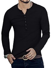 preiswerte Lässiges Henley-T-Shirt-Herren T-Shirt mit Knöpfen T Shirt Langarmshirt Langarm Stehkragen Frühling &amp; Herbst Einfach Leicht Klassisch Lässig Button-Down Urlaub Lässig Ferien Wein Schwarz Weiß Top T-Shirt für Herren