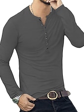 preiswerte Lässiges Henley-T-Shirt-Herren T-Shirt mit Knöpfen T Shirt Langarmshirt Langarm Stehkragen Frühling &amp; Herbst Einfach Leicht Klassisch Lässig Button-Down Urlaub Lässig Ferien Wein Schwarz Weiß Top T-Shirt für Herren