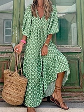 levne Dovolená šaty-dámské dlouhé šaty maxi šaty zelené 3/4 rukáv geometrický patchwork podzim podzim v výstřih volný střih 2023 s m l xl