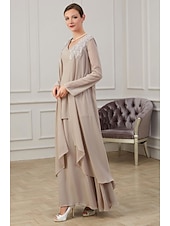 ieftine Cu jacheta-Rochie Tip A pentru Mamă a Miresei Invitată la Nuntă Elegantă cu Guler Cărămizat Lungime Până la Podea din Chiffon cu Mâneci Lungi și Sacou cu Aplice mărime personalizată gratuit