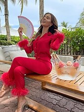 cheap Women&#039;s Loungewear-Women&#039;s Gift Loungewear Pajamas Sets Home Party Valentine&#039;s Day Feather Pure Color Silk Simple Soft Shirt Pant Fall Spring Summer Lapel Long Sleeve Long Pant Buckle Pocket Home Outfits