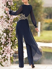 voordelige Mama&amp;#39;s jumpsuits-Jumpsuit  Pantsuit Moeder van de Bruid Formele Bruiloft Gast Elegante V Hals Vloerlengte Chiffon Kant Lange Mouw met Appliqués gratis op maat gemaakt