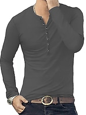 preiswerte Lässiges Henley-T-Shirt-Herren T-Shirt mit Knöpfen T Shirt Langarmshirt Langarm Stehkragen Frühling &amp; Herbst Einfach Leicht Klassisch Lässig Button-Down Urlaub Lässig Ferien Wein Schwarz Weiß Top T-Shirt für Herren