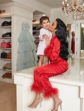 cheap Women&#039;s Loungewear-Women&#039;s Gift Loungewear Pajamas Sets Home Party Valentine&#039;s Day Feather Pure Color Silk Simple Soft Shirt Pant Fall Spring Summer Lapel Long Sleeve Long Pant Buckle Pocket Home Outfits