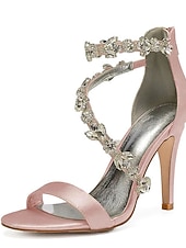 billige Cocktail-marineblå sateng-stiletthæler for kvinner med rhinestone-pynt - elegante bryllupssko for formelle anledninger og cocktailbegivenheter