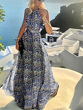 abordables Robes de vacances-robe décontractée pour femme robe swing robe à pois robe longue robe maxi robe en mousseline plissée vert noir bleu sans manches imprimé printemps été licou vacances plage tous les jours 2023 s m l xl