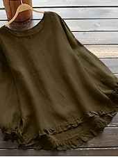 お買い得  シャツ-女性用 プラスサイズ リネン風シャツ ブラウス 平織り ベーシック カジュアル 快適 長袖 クルーネック ロングトップス 日常 週末 ラッフル レタストリム ブラック ホワイト イエロー ピンク アーミーグリーン 春 秋 冬