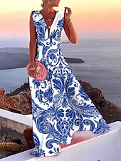 abordables Robes de vacances-robe décontractée pour femme robe balançoire robe florale robe longue robe maxi vert bleu rose sans manches imprimé fleuri printemps été profond v chaud quotidien 2023 s m l xl xxl