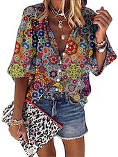 levne Dámské boho topy-Dámská košile havajský modrý grafický potisk knoflíkový potisk dlouhé rukávy každodenní víkendové základní boho výstřih do V volný střih letní prázdninové oblečení