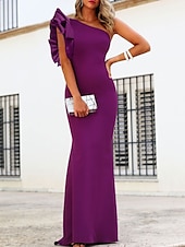 abordables violet-Robe de soirée sirène élégante pour invitée de mariage robe de soirée formelle longueur de sol à manches courtes une épaule en satin extensible avec volants 2025
