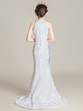 preiswerte Kleider für die Blumenmädchen-Meerjungfrau / Trompetenschleppe / Pinselschleppe Blumenmädchenkleid Festzug&amp;amp;Performance Kleine Meerjungfrau Ariel Juniors süßes Ballkleid mit Pailletten und funkelndem Schlitz vorne&amp;amp;Glanzfit