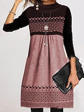 billige Genser og hettegenser-kvinners fritidskjole midikjole blå rosa grå langermet geometrisk trykk print vinter høst turtleneck basic casual høstkjole 2023 s m l xl xxl 3xl 4xl 5xl