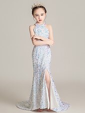 preiswerte Kleider für die Blumenmädchen-Meerjungfrau / Trompetenschleppe / Pinselschleppe Blumenmädchenkleid Festzug&amp;amp;Performance Kleine Meerjungfrau Ariel Juniors süßes Ballkleid mit Pailletten und funkelndem Schlitz vorne&amp;amp;Glanzfit