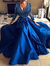 economico Abiti Cerimonia Inverno-Abito da sera in linea A Abito elegante per feste formali lunghezza fino al pavimento maniche lunghe scollatura a V in tulle con pieghe applicazioni