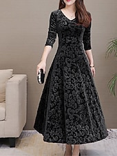 cheap Formal Dresses-Women&#039;s Midi Dress Velvet Dress Party Dress Swing Dress Emerald Green Dress Elegant Fashion Romantic Winter Dress Vacation Wedding Guest Slim Floral Long Sleeve V Neck Black Red Green Spring Fall