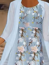 ieftine rochie florală-Wearing Midi Dress Set Rochie în Două Piese Rochie Verde Deschis Albastru Deschis Mâneci de 3/4 Floral Imprimeu Vară Primăvară Gât Crew Elegant