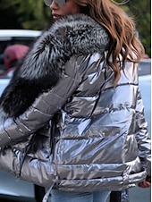 halpa Puffit ja Parkat-Naisten Talvitakki Puhujakki Kausaliteetti Päivittäin Talvi Normaali Takki Poolokaulus Loose Fit Pidä lämpimänä Vapaa-aika Jackets Pitkähihainen Yhtenäinen Turkiskoristeet Hopean harmaa Musta