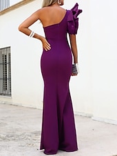 abordables violet-Robe de soirée sirène élégante pour invitée de mariage robe de soirée formelle longueur de sol à manches courtes une épaule en satin extensible avec volants 2025