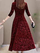 cheap Formal Dresses-Women&#039;s Midi Dress Velvet Dress Party Dress Swing Dress Emerald Green Dress Elegant Fashion Romantic Winter Dress Vacation Wedding Guest Slim Floral Long Sleeve V Neck Black Red Green Spring Fall