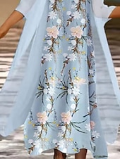 ieftine rochie florală-Wearing Midi Dress Set Rochie în Două Piese Rochie Verde Deschis Albastru Deschis Mâneci de 3/4 Floral Imprimeu Vară Primăvară Gât Crew Elegant