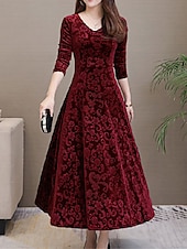 cheap Formal Dresses-Women&#039;s Midi Dress Velvet Dress Party Dress Swing Dress Emerald Green Dress Elegant Fashion Romantic Winter Dress Vacation Wedding Guest Slim Floral Long Sleeve V Neck Black Red Green Spring Fall