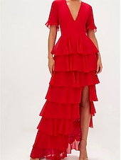 abordables ROUGE-Robe de soirée A-Line Robe élégante Invité de mariage Formelle Soirée Longueur au sol Manches courtes Décolleté en V Chiffon avec volants