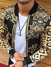 cheap Men&#039;s Jackets &amp; Coats-Men&#039;s Lightweight Jacket Summer Jacket Outdoor Street Breathable Pocket Print Fall Leopard Floral Streetwear Sporty Turndown Regular Regular Fit Gold Jacket