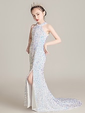preiswerte Kleider für die Blumenmädchen-Meerjungfrau / Trompetenschleppe / Pinselschleppe Blumenmädchenkleid Festzug&amp;amp;Performance Kleine Meerjungfrau Ariel Juniors süßes Ballkleid mit Pailletten und funkelndem Schlitz vorne&amp;amp;Glanzfit