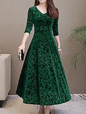 cheap Formal Dresses-Women&#039;s Midi Dress Velvet Dress Party Dress Swing Dress Emerald Green Dress Elegant Fashion Romantic Winter Dress Vacation Wedding Guest Slim Floral Long Sleeve V Neck Black Red Green Spring Fall